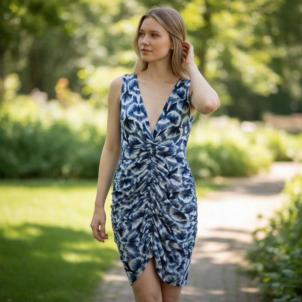 White House Black Market Dress Womens 10 Blue Tie Dye Summer Ruched NWT $140